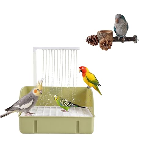 Bird Bath,Automatic Parrot Shower Bath, Birds Shower Bathtub, Birdcage, & Bird Perch with Feeder and Chew Toys Pinecones for Small Medium Birds, Parakeet Budgies Cockatiels Conures Finches, Lovebirds