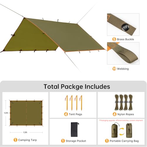 FREE SOLDIER Waterproof Camping Tarp Shelter Awning | Lightweight, Compact, Quick Setup, Waterproof Sun Shelter Campingtarp,For Backpacking, Beach, Travel and Outdoor Activities - color: Brown 10×13ft