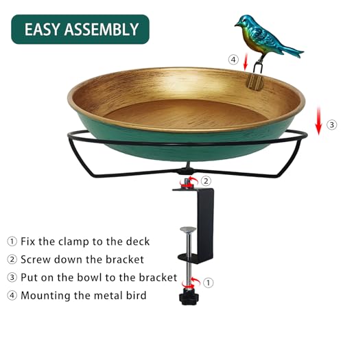 Deck Bird Bath for Outdoors, 11" Green/Bronze Metal Birdbath Bowl with Big Steel Clamp Backyard Birdbath&Bird Feeder for Railing Balcony Fence Yard Art Garden Decor - color: Green/Bronze