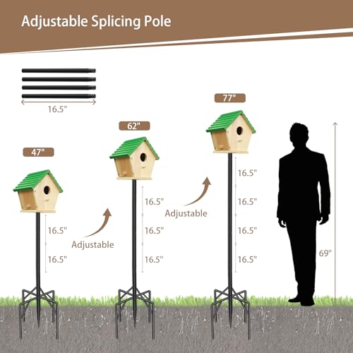 77" Heavy Duty Bird Feeder Pole, Metal Bird House Pole Mount Kit | 5-Prong base for outdoor ground stability, 2 mounting plates for smart bird feeder, rustproof metal post for garden yard - size: 77 Inch-No Baffle