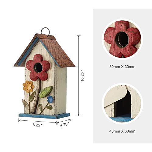 Glitzhome 10.25" Hanging Birdhouse for Outside, Distressed White with 3D Flowers - Spring Ready Nesting Box & Christmas Garden Gift Idea