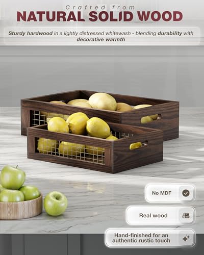 Wooden Countertop Baskets Set of 2 for Kitchen, Pantry|Wall Mount Upgrade with Full Accessories| Rustic Nesting Boxes|Wooden Organizer Crates for Vegetables, Produce, Bread - color: Walnut
