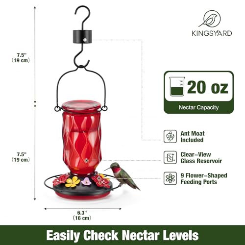 Kingsyard Glass Hummingbird Feeder for Outdoors Hanging, 20 oz Leak-Proof Wild Bird Nectar Feeders with 9 Bee Guard Ports & Ant Moat, Garden Yard Art Decor Gifts for Mom, Red - color: Red
