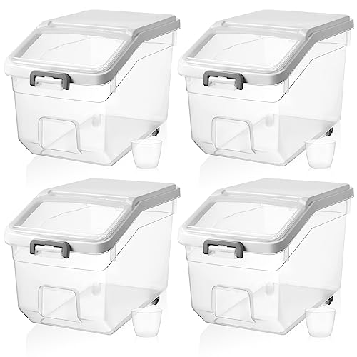 4 Pcs Rice Storage Container 28 lb Airtight Flour Container with Wheels Measuring Cup Clear Pet Food Cube Dog Birds Cat Food Bin Grain Cereal Organizer Box for Dry Baking Supplies(White Lid) - color: White Lid, size: 28 lb