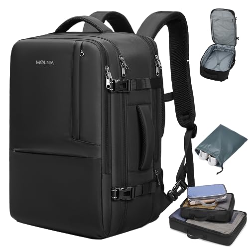 MOLNIA 50L Expandable Travel Backpack for Men Women, Carry On Backpack Airline Approved, Suitcase Backpack with Packing Cubes, Water Resistant Luggage Backpack Daypack Weekender Bag, Black - color: Black With Packing Cubes