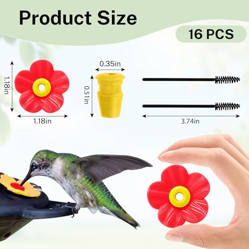 16 Sets Hummingbird Feeder Replacement Flowers with 2 Cleaning Brushes - Hummingbird Feeders Parts for Outdoors Feeding Ports Bee Guards Pet Bird Replacement Flowers Kit (Red&Yellow) - color: Red&Yellow