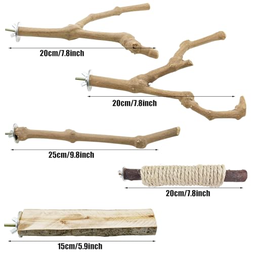 6 PCS Bird Perch Stand Natural Wood Standing & Hanging with Rope, Bird Cage Accessories for Small Parrots