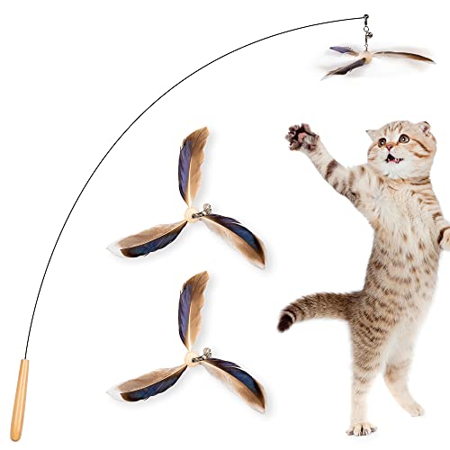 JXFUKAL Cat Wand Toys, Interactive Cat Toys with 3 Feather Refills, 29'' Flexible Steel Wire, Sturdy Wood Handle & Bell for Kitty Kitten, Cat Toys for Indoor Cats Teaser Cat String Toy - color: Set B