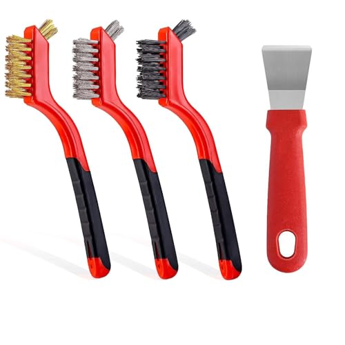 Gisde Wire Brush 4Pcs Set Nylon/Brass/Stainless Steel Wire Brushes for Cleaning Rust Removal in Holes, Dirt & Paint Scrubbing with Deep Cleaning – 7 Inches (Brass+Nylon+Stainless Steel)