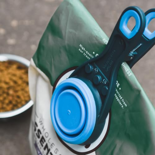 Dexas Popware for Pets Collapsible Klip Scoop, 3-in-1 Pet Food Scoop, Measuring Cup and Bag Clip, 1/2 Cup Capacity, Pro Blue - color: Pro Blue, size: 1/2 Cup Capacity
