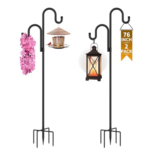 Double Shepherds Hooks for Outdoor 2 Pack 76 Inch | Stable yard hanging pole, perfect for hummingbird feeders, wind chimes, lanterns & outdoor decorative ornaments - size: 76 Inch
