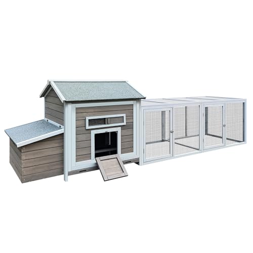 YOPTO Wooden Chicken Coop, 114 in, Outdoor Run, Gray | Solid wood, Asphalt roof, Outdoor run, 2-compartment nesting box, Pull-out tray, Ventilated design - size: 118.0"L x 27.6"W x 36.6"H