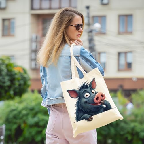 Cartoon Canvas Tote Bag, Gifts for Women Men Birthday Christmas Reusable Tote Shoulder Bag for Grocery Shopping 01 - color: Pig 485