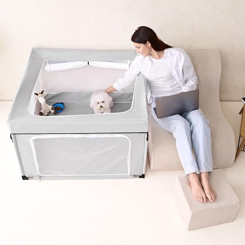 EHEYCIGA 42x42x26 Dog Playpen with Top Cover for Dogs & Cats, Sliver Grey - color: Silver Grey, style: 42x42x26(With Cover)