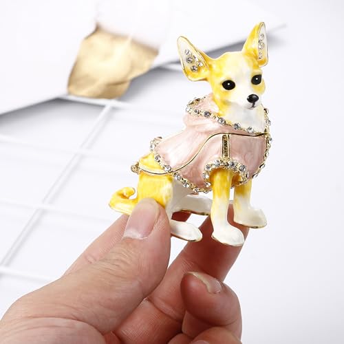 Hand Painted Enameled Chihuahua Trinket Box, Hinged Unique Mini Ring Necklace Jewelry Organizer, Classical Bejeweled Storage, Figurine Collectible Keepsake Home Decor (Chihuahua) - color: Chihuahua