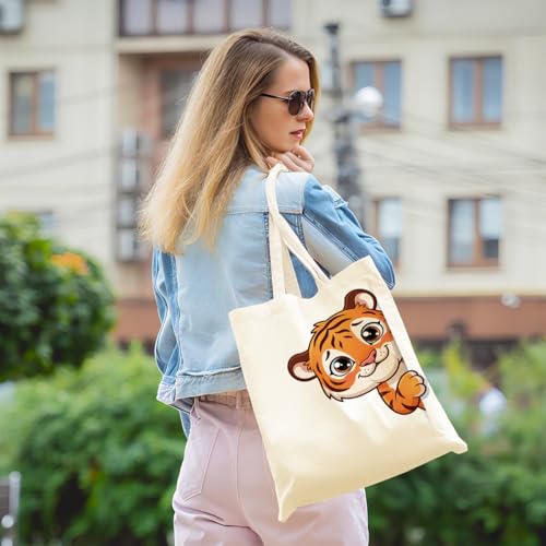 Cartoon Canvas Tote Bag, Gifts for Women Men Birthday Christmas Reusable Tote Shoulder Bag for Grocery Shopping 01 - color: Tiger 486