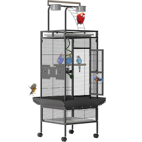 60" Large Wrought Iron Bird Cage with Rolling Stand, Play Top & 4 Stainless Steel Bowls, Metal Parrot Cage for African Grey, Cockatiel, Conure, Lovebird, Budgie, Black
