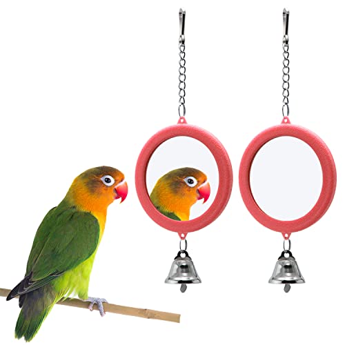 2PCS Bird Mirror with Bell Parrot Hanging Interactive Playing Toy for Cockatiel Parakeets Canaries Budgie Cage Accessories (Red) - color: Red