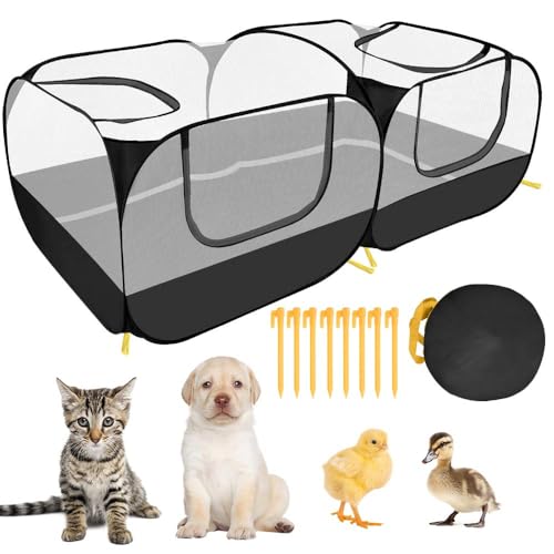 Lukovee Small Animals Playpen, Foldable Pet Playpen, 73"x36"x25" | Escape-Proof Detachable Bottom, 4 Zipper Doors, Breathable, Pen for Puppy Chicken Duck Kitten Rabbits Run Outdoor Yard ,Black - color: Black - with Escape-proof Bottom