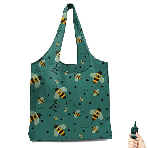 BeeGreen Reusable Grocery Shopping Bag -Travel Tote Bag - Foldable Compact Sturdy Bags - color: Green Bees, style: Standard Extra Large