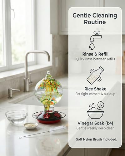Hummingbird Feeder for Outdoors Hanging, 34 Oz, Handcrafted Gift Inner Glass Décor for Bird Garden Lover, Ant Moat & Bee-Resistant Ports, Hook & Brush Included (Golden Meadow) - color: Golden Meadow
