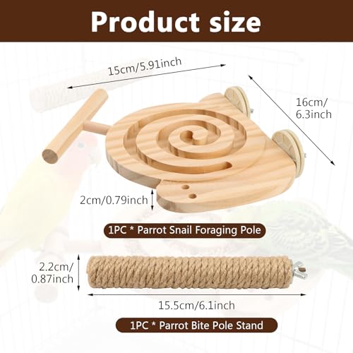 Bird Foraging Toys with Perch, Visible Slow Feeder Wooden Puzzle, Winding Grooves Help Reduce Mess, No Glue & No Exposed Screws, Include Extra Chew Perch for Novice/Older Birds