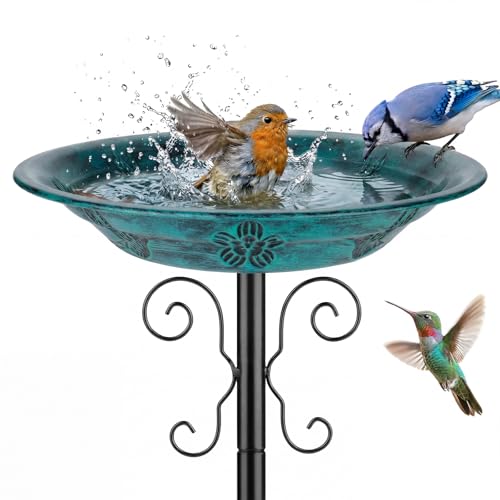 Metal Bird Bath for Outdoors, 4-Prong Ground Stake, Antique Green | Detachable Bowl, Weather-Resistant, Vintage, Rust-Proof, Garden Patio Yard Lawn Decor, Gift for Men Women Dad Mom Bird Lovers - color: Antique Green