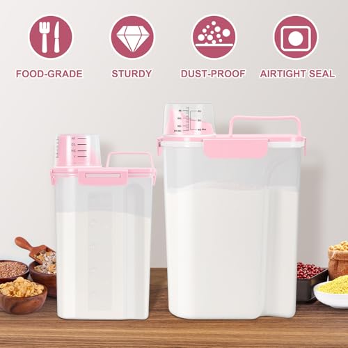 TBMax 2 Pack Airtight Rice Container 5 Lbs +10 Lbs, Cereal Container Oatmeal Storage with Easy-pouring Spout & Handy Cup for Flour Grain Beans, Pet Dog Cat Bird Food Storage Dispenser -Pink - color: Pink 3+6Qt