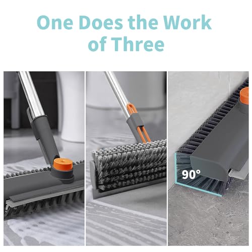 AIR U+ Floor Scrub Brush with Long Handle, 3-in-1 Rotating Head & Squeegee | Stiff Dual-Sided Bristles for Shower, Bathroom, Kitchen and Patio, 30–50 In Handle for Easier Stand-up Cleaning, Gray - color: Gray, size: 1 PACK