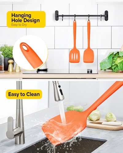 Pack of 2 Silicone Spatula Turners, Non Stick Slotted Kitchen Spatula Set, Heat Resistant BPA Free Kitchen Utensils, One-Piece Design, Suitable for Flipping Fish, Eggs, Steak, Pancakes (ORANGE) - color: Orange