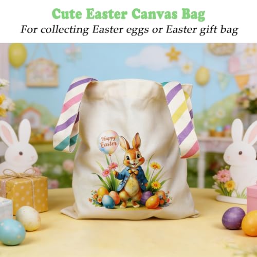 Easter Basket Bunny Canvas Tote Bag, 12.2x11 Inches, Natural Canvas, Hand-Carry, for Gift and Easter Egg Collection - color: A-blue