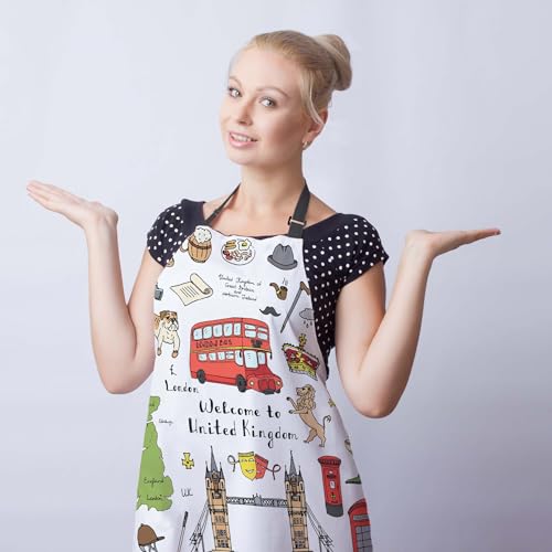 Barista Apron Women London Elements British Symbols Fun Aprons for Men for Kitchen Cooking Restaurant BBQ Painting Crafting Gardening 27” (W) x 31” (H), Waterproof Apron - color: London Elements Symbols