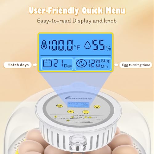 Sailnovo 18 Egg Incubator for Hatching Eggs with Automatic Egg Turning | Humidty Display, Temperature Control,360° Clear View, Egg Incubator for Hatching Chickens,Duck,Quail Ideal for Farm,School - color: Grey-Yellow, size: Hatch 18