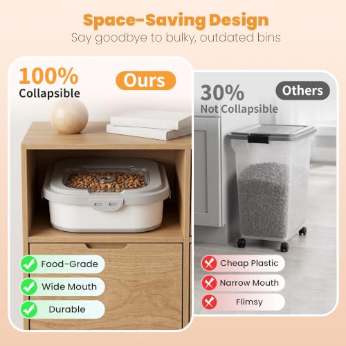 40 Lbs Dog Food Storage Container, Collapsible Cat Food Container | Airtight Pet Food Storage Containers with Wheels, Clear Window, 2 Measuring Cup, Scoop, BPA Free for Rice, Flour, Bird Seed - color: Grey/40lbs