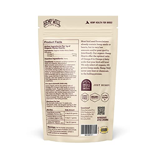 Hemp Well Organic Hemp Hearts for Birds - Reduces Feather Plucking, Promotes Relaxation, Immune Support, Organic, USA Grown, GMO Free – 8 Ounces - size: 8 Ounce (Pack of 1)