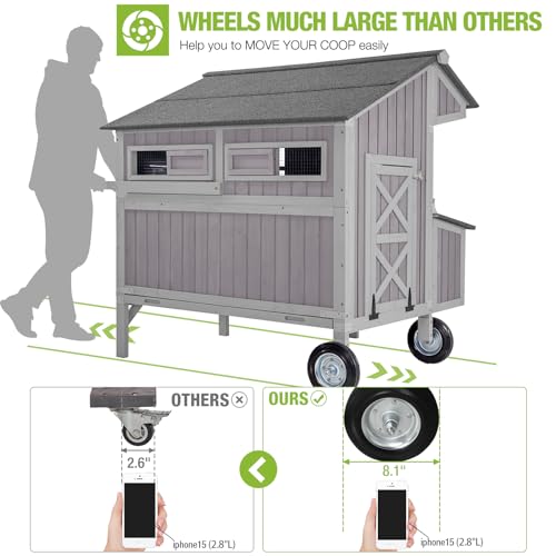 GUTINNEEN Chicken Coop with Wheels Portable Wooden Large Dock Coops for 6 Chickens 3 Perches 3 Nesting Boxes, Hen House for Backyard Garden 48.6"