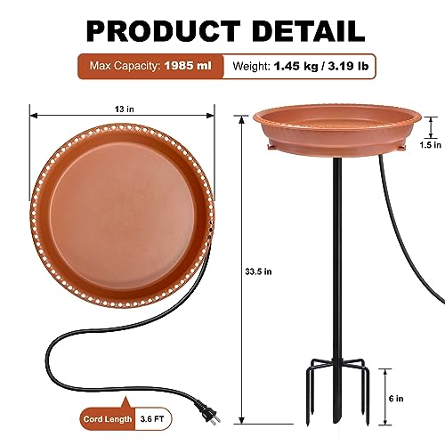 BIRD WISH Heated Bird Bath, Stable 5-Prong Metal Base Thermostat Control Weather Resistance All Seasons Available 75W Heated Bird Baths for Outdoors for Winter Garden Yard Patio Lawn, Terracotta - color: Terracotta
