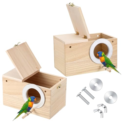 2 Pack Parakeet Nesting Box, Natural Wood Bird Nesting Box Breeding House for Budgie Lovebirds Cockatiel Finch Parrotlets - 7.7x4.7x4.7 Inches