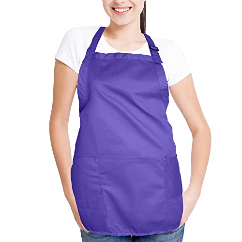 DALIX Apron Commercial Restaurant Home Bib Spun Poly Cotton Kitchen Aprons (2 Pockets) (1, Purple) - color: Purple