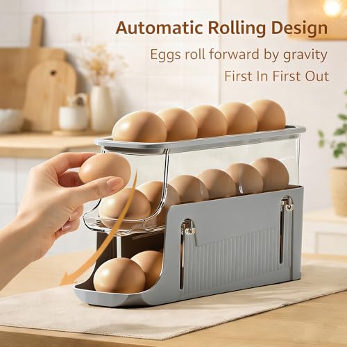 Printe Egg Holder for Fridge, Rolling Egg Holder for Refrigerator, Automatic Egg Dispenser Organizer, Egg Storage Container Rack for Refrigerator Countertop, Space Saving Fridge Organizer （Grey） - color: Grey