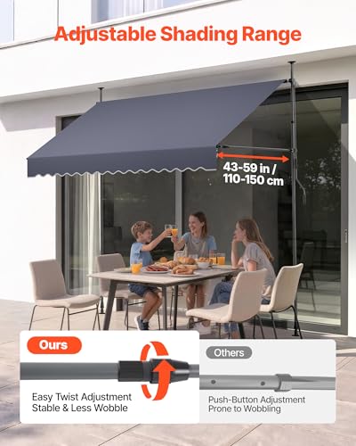 VEVOR Manual Retractable Awning, 98" x 59" Outdoor Patio Awnings Sunshade Shelter with 43"-59" Retractable Side Bar, No Drill Height Adjustable, Crank Handle for Backyard, Balcony, Dark Gray - size: 98x59 in