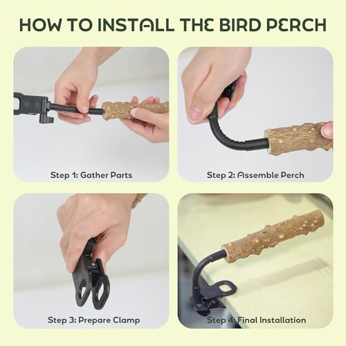Natural Wood Parrot Perch, Adjustable Clip-On Bird Stand, Flexible Gooseneck Sticks for Conures Cockatiels Lovebirds, Pet Cage Accessories