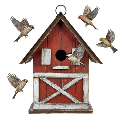 Topadorn Rustic Barn-Style Wooden Birdhouse, 10.5" Hanging Bird House | Bird House with Metal Roof, Easy Clean for Bluebirds Cardinals Chickadees, Outdoor Garden Decor