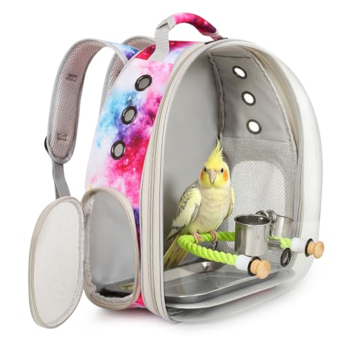 Galaxy Bird Carrier Backpack, Water and Food Cup, Tray and Perch, Clear Bubble Space Capsule Travel Bag - color: Galaxy Pink