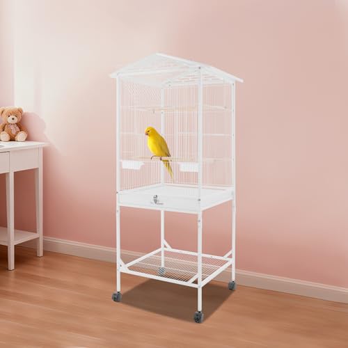 Bird Cage, 18.11 x 18.11 x 49.21 Inch Mobile Bird Flight Cage Large Metal Parakeet Cage w/Slide-Out Tray & Storage Shelf for Budgerigars Lovebirds Kea Parrots & Sun Conures - color: White, size: 18.1"L x 18.1"W x 49.2"H
