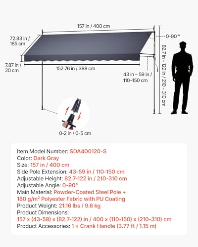 VEVOR Manual Retractable Awning, 157" x 59" Outdoor Patio Awnings Sunshade Shelter with 43"-59" Retractable Side Bar, No Drill Height Adjustable, Crank Handle for Backyard, Balcony, Dark Gray - size: 157x59 in