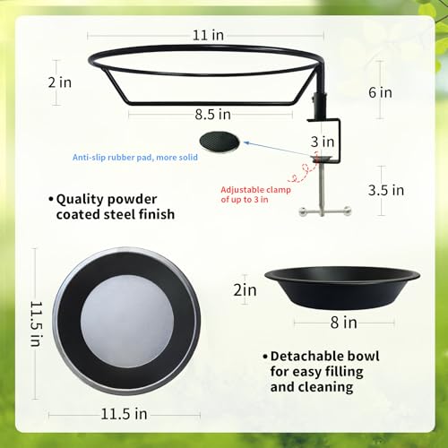WANGIRO 11.5" 2-in-1 Bird Bath & Feeder Clamp-On Deck Mounted Frosted Black | Rust-Proof Bracket Sturdy Clamp Fits 2.5" Deck Rails Tool-Free Setup, Detachable Easy Clean for Outdoor Garden Patio Yard