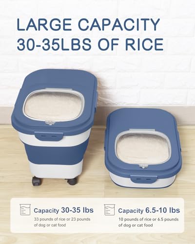 20-30 Lbs Rice Storage Container,Collapsible Food Storage Container | Flour Storage Container with Wheels Airtight Locking Lid,Rice Container Double Seal,Keep Fresh for Pet Food,Rice,Flour - color: Dark Blue/20-30LBS