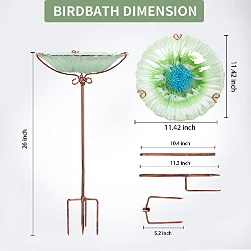 Glass Bird Bath for Outside, Green Bird Feeder Birdbaths for Oudoors | 26 Inch Bird Baths Combines Garden Decor and Bird Feeder Functions, Stable Four-Prong Metal Stake, Easy to Install and Clean - color: Green