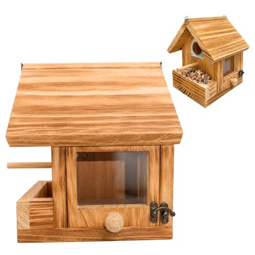2-in-1 Wooden Bird House for Outside with Feeder, Hanging Birdhouse, Clear Window & EasyClean Door, Carbonized Solid Wood Birdhouse with Metal Guard, for Wrens Bluebirds Hummingbirds, No Assembly